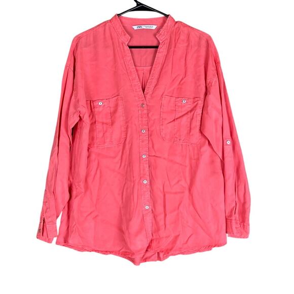 Zara Womens Blouse Coral Utility V Neck Button Down Long Sleeve Medium - Picture 1 of 12